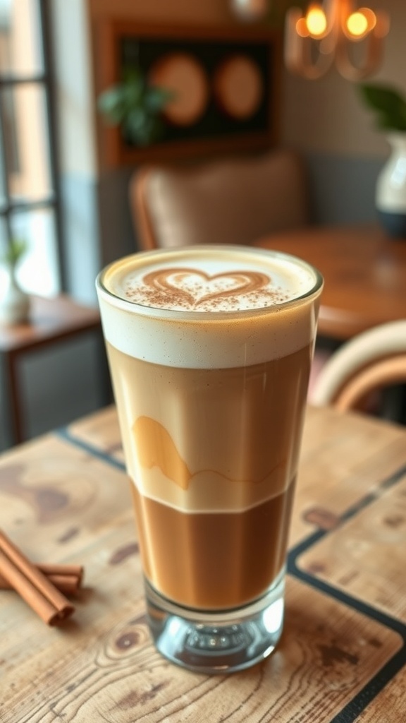 Aesthetic oat milk latte in a clear glass with cinnamon sprinkle and heart foam design on a rustic table.
